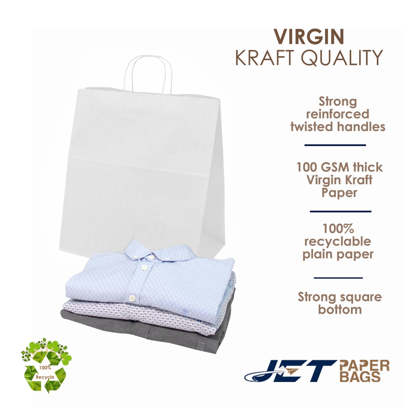 WHITE Paper Bags with Twisted Handles - HYDI - 15" x 10" x 12" H - Jet Paper Bags
