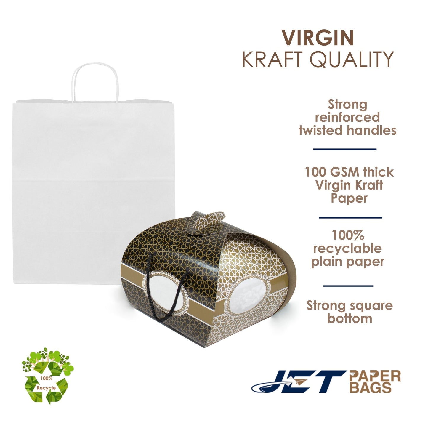WHITE Paper Bags with Twisted Handles - HYDI - 15" x 10" x 12" H - Jet Paper Bags