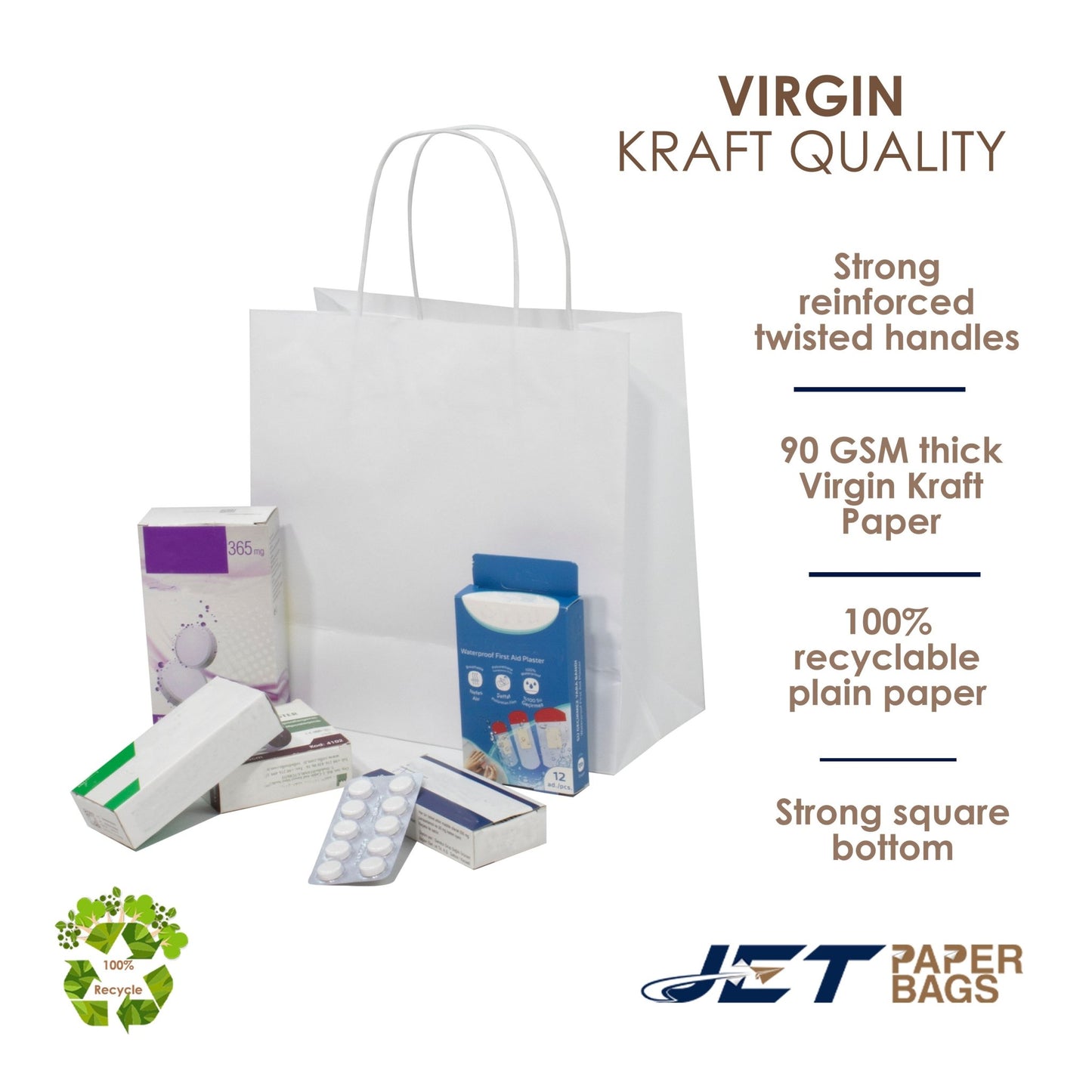 WHITE Twisted Handle White Paper Bags, ESRA, 10" x 5" x 10"H - Jet Paper Bags