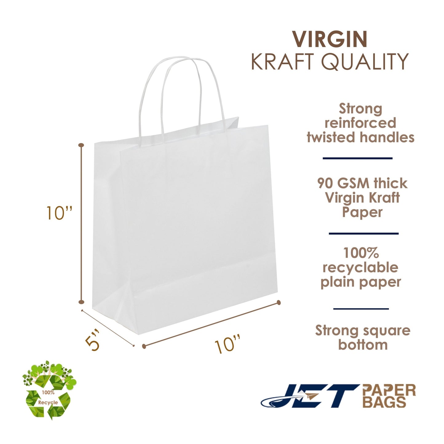 WHITE Twisted Handle White Paper Bags, ESRA, 10" x 5" x 10"H - Jet Paper Bags