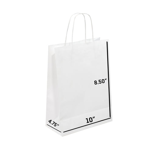 WHITE Paper Bags with Twisted Handles -CARA-8 1/2" x 4 3/4" x 10H"