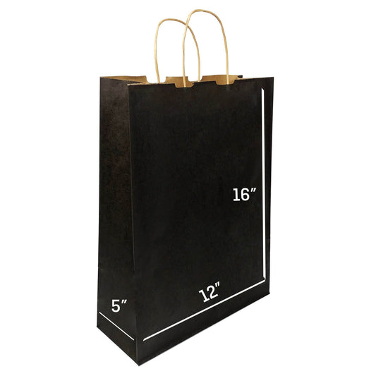 BLACK Colored Paper Bags with Twisted Handles - 12" x 5" x 16H“ - Jet Paper Bags