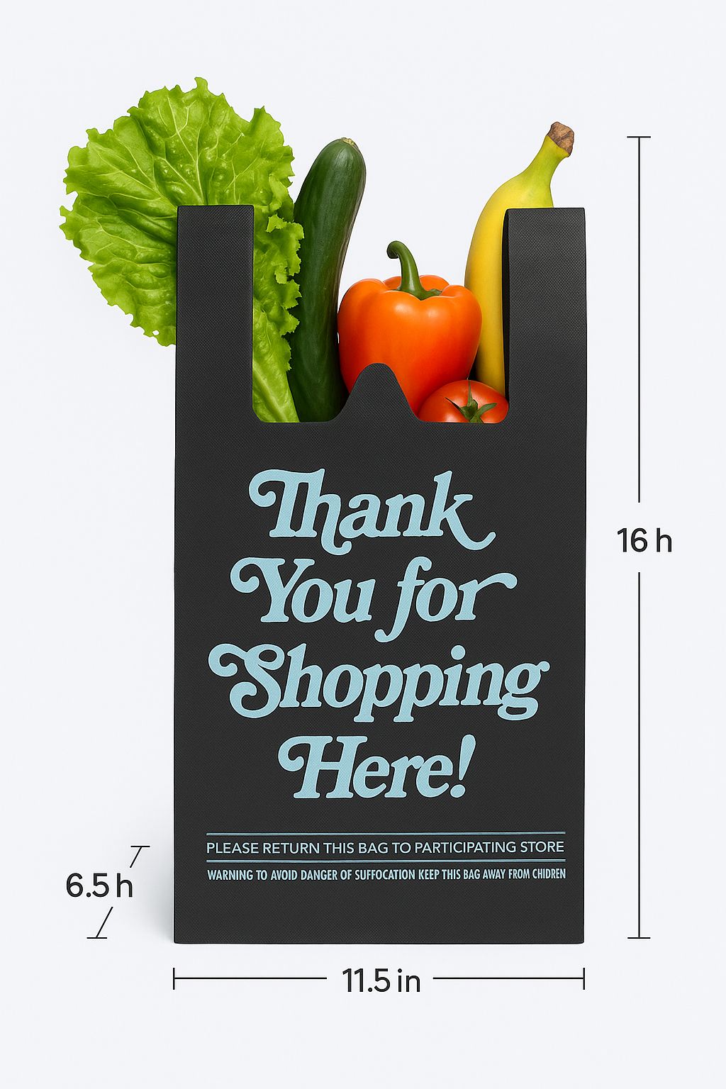 Black Non - woven Reusable Bags 11.5 width x 6.5 depth x 16 height, Thank You Bags - Jet Paper Bags