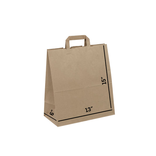 BROWN Paper Bags with Flat Handles -MAX-13" x 6" x 15"H