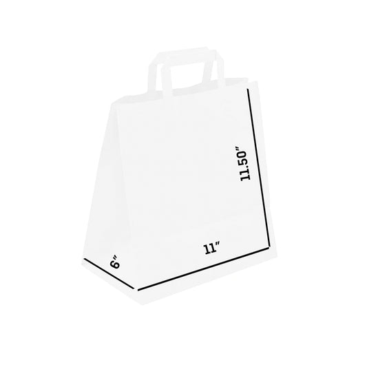 WHITE Paper Bags with Flat Handles -RAY- 11" x 6" x 11.5"H