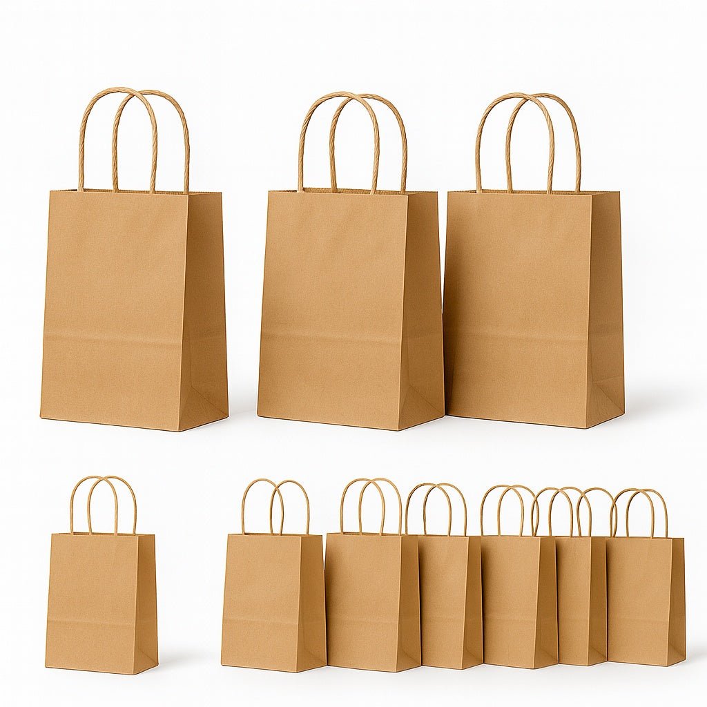 Small Kraft Paper Bags with Handles – 5.25 x 3.25 x 8.25 in – Recyclable Brown Paper Bags Made in USA - Jet Paper Bags
