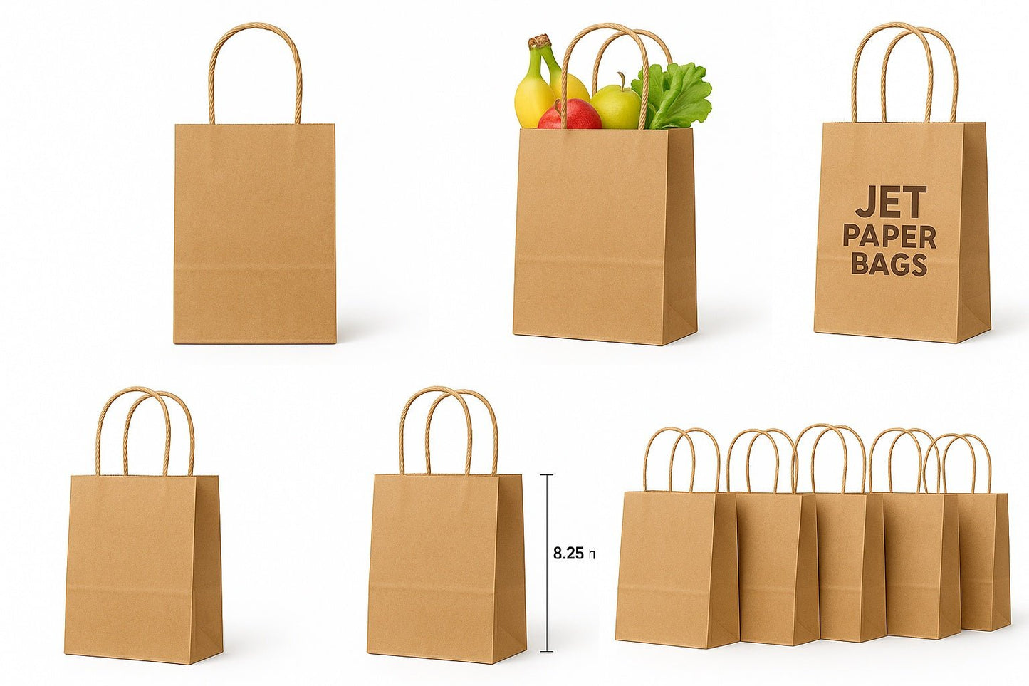 Small Kraft Paper Bags with Handles – 5.25 x 3.25 x 8.25 in – Recyclable Brown Paper Bags Made in USA - Jet Paper Bags