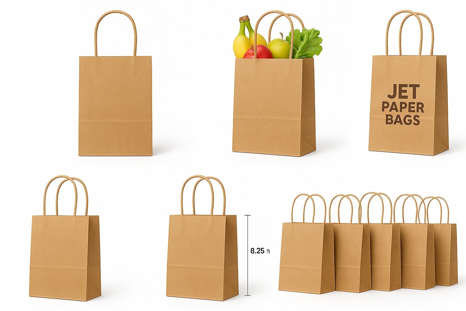 Small Kraft Paper Bags with Handles – 5.25 x 3.25 x 8.25 in – Recyclable Brown Paper Bags Made in USA - Jet Paper Bags