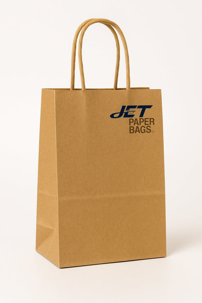 Small Kraft Paper Bags with Handles – 5.25 x 3.25 x 8.25 in – Recyclable Brown Paper Bags Made in USA - Jet Paper Bags