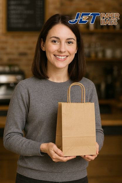 Small Kraft Paper Bags with Handles – 5.25 x 3.25 x 8.25 in – Recyclable Brown Paper Bags Made in USA - Jet Paper Bags