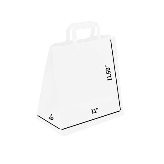 WHITE Paper Bags with Flat Handles - RAY - 11" x 6" x 11.5"H - Jet Paper Bags