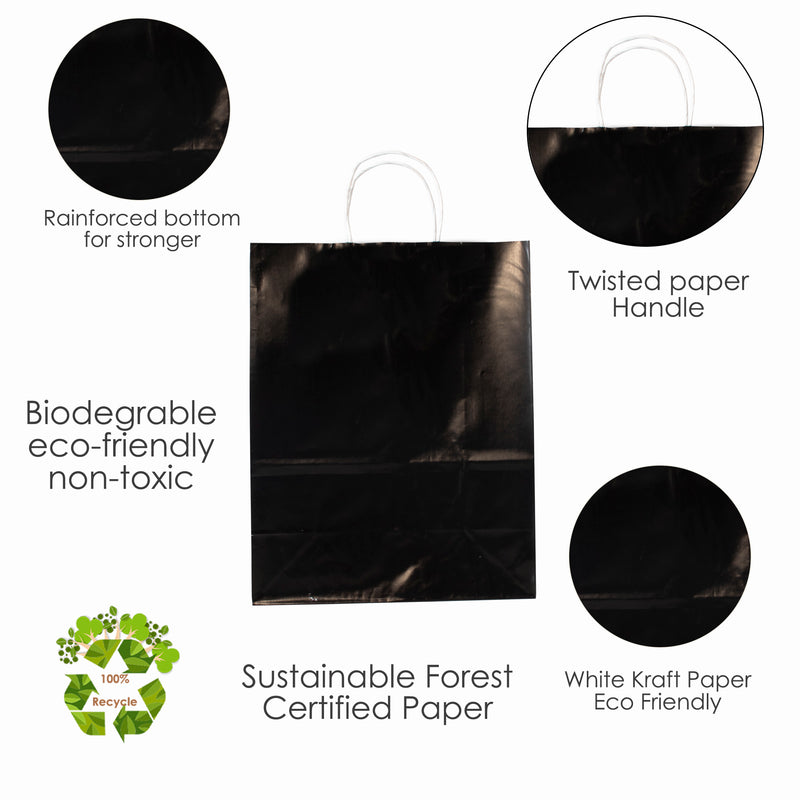 10" x 5" x 12H“ - Black Colored Paper Bags with Twisted Handles