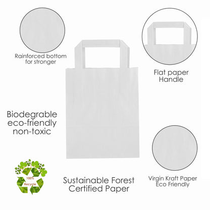 WHITE Paper Bags with Flat Handles -GEO-7x4x9