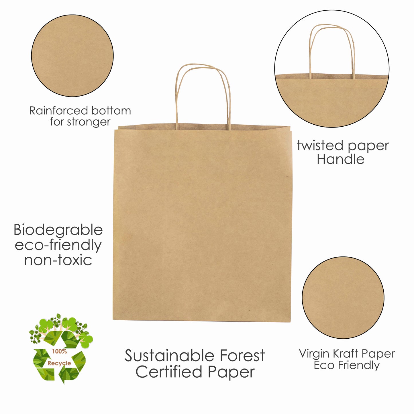 BROWN Paper Bags with Twisted Handles -TARA- 11" x 7" x 12" H