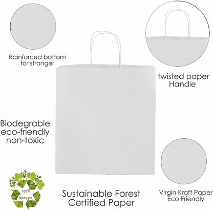 WHITE Paper Bags with Twisted Handles - DINA-11" x 7" x 12"H