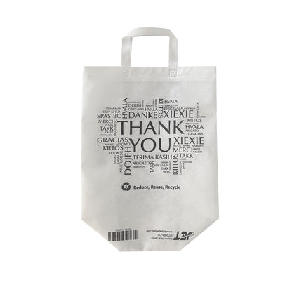 Non-woven Reusable Bags 13.5" x 7.7" x 15.5" Eco-Friendly, Thank You printed in all languages, White Bags