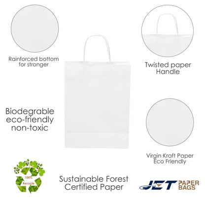 WHITE Paper Bags with Twisted Handles -BORA-8" x 4" x 9"H