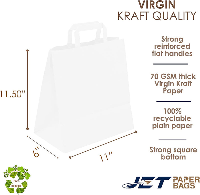 WHITE Paper Bags with Flat Handles -RAY- 11" x 6" x 11.5"H