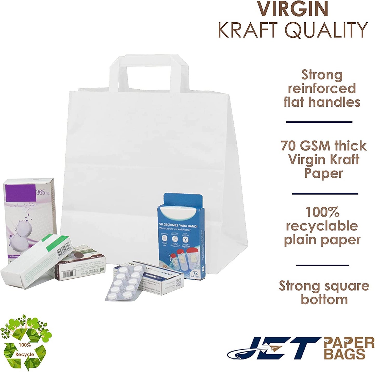 WHITE Paper Bags with Flat Handles -RAY- 11" x 6" x 11.5"H