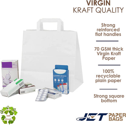 WHITE Paper Bags with Flat Handles -RAY- 11" x 6" x 11.5"H