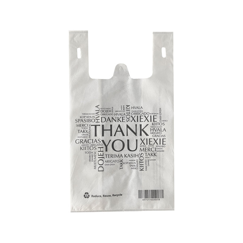 Non-woven Reusable Bags 12.5" x 7.7" x 12.5" Tote Bag, Thank You printed in All Languages, White Bags