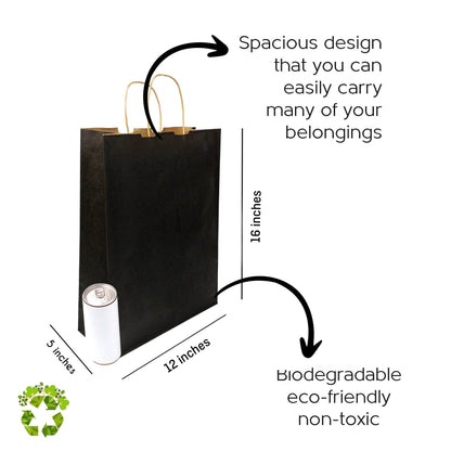 BLACK Colored Paper Bags with Twisted Handles - 12" x 5" x 16H“ - Jet Paper Bags