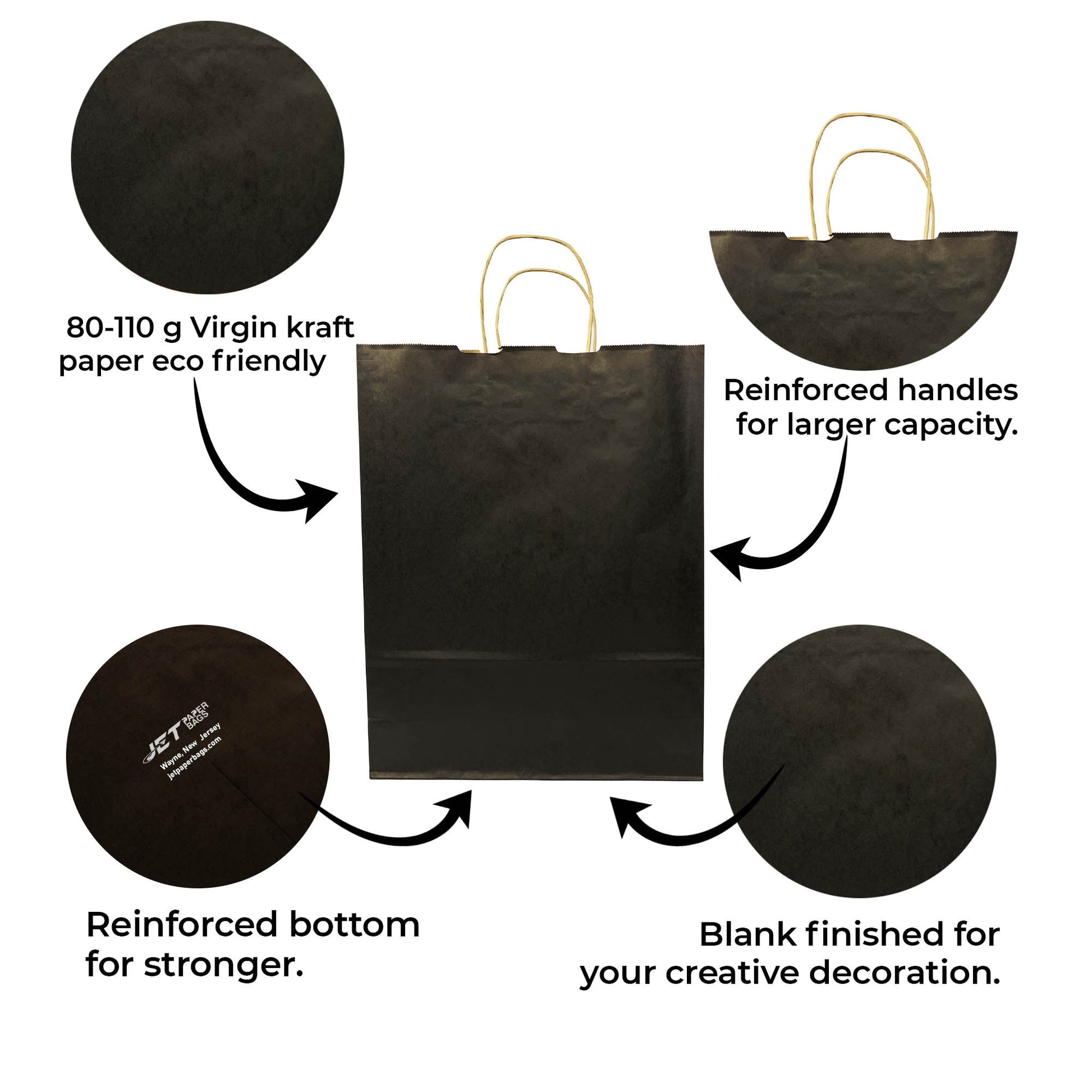 BLACK Colored Paper Bags with Twisted Handles - 12" x 5" x 16H“ - Jet Paper Bags