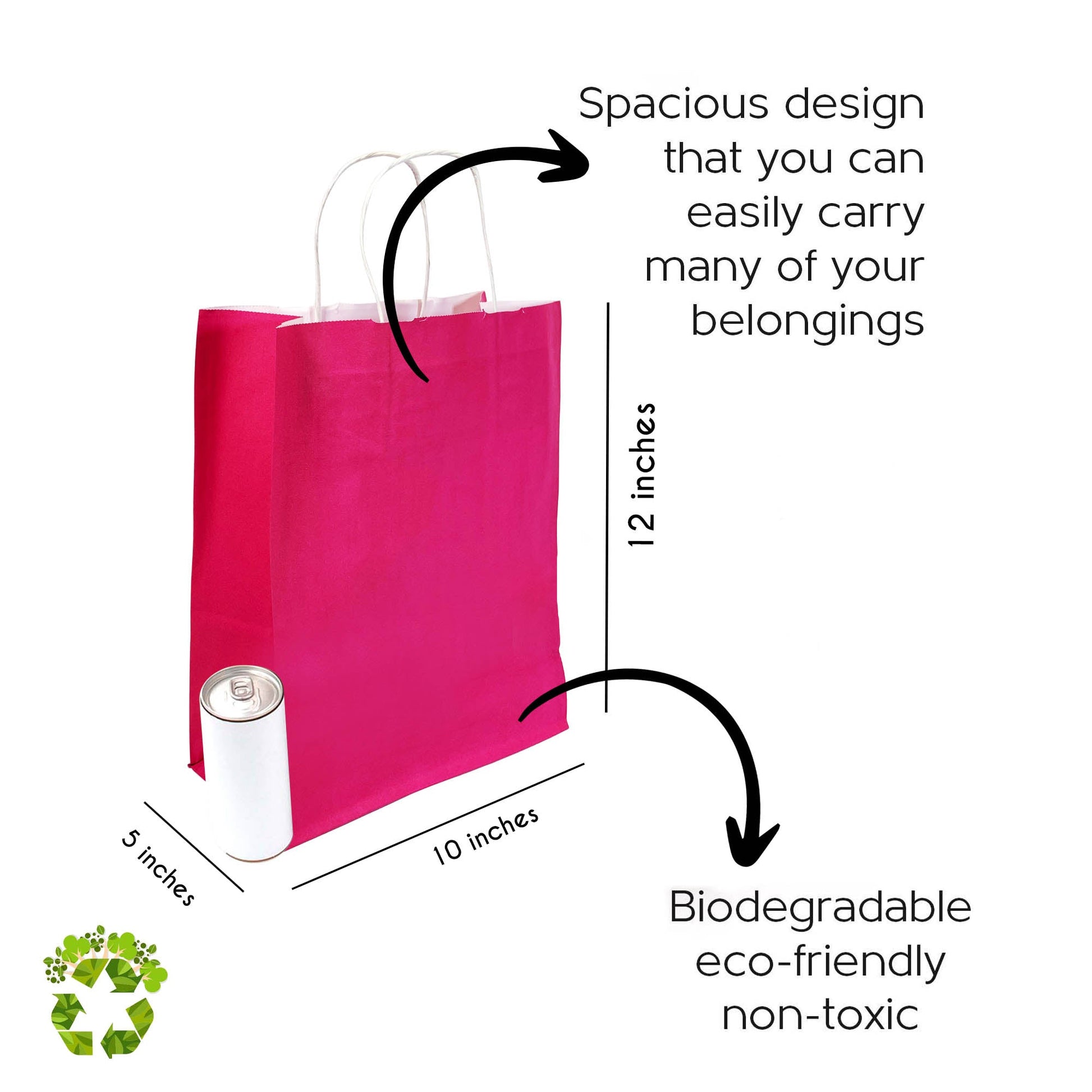 Bright Pink (Fuchsia) Colored Paper Bag with Twisted Handles - 10" x 5" x 12H" - Jet Paper Bags