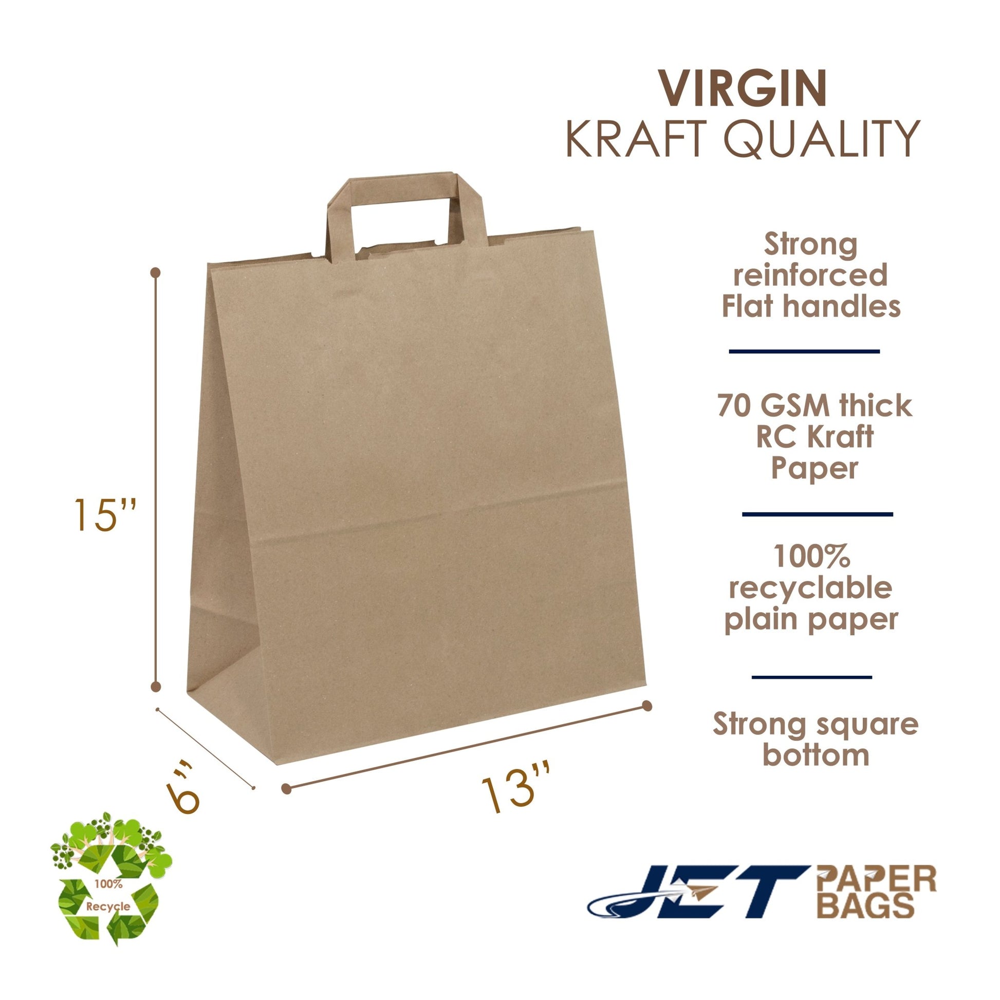 BROWN Paper Bags with Flat Handles - MAX - 13" x 6" x 15"H - Jet Paper Bags