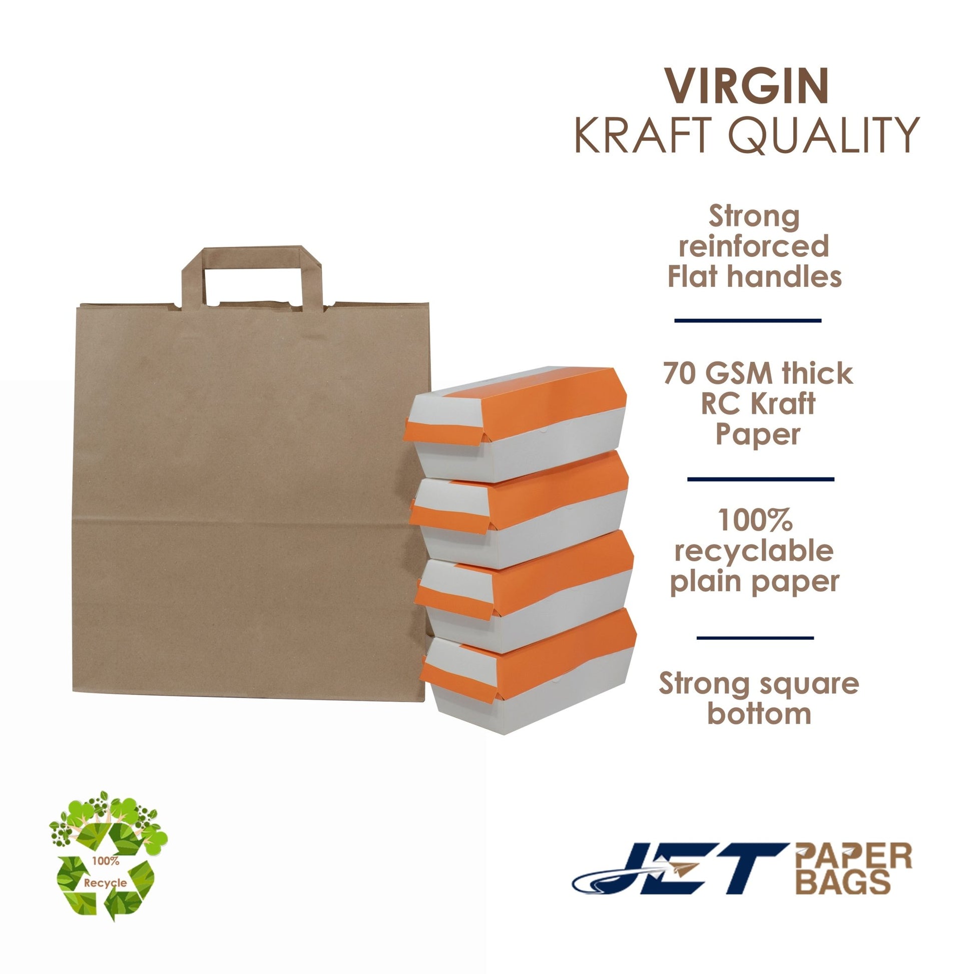 BROWN Paper Bags with Flat Handles - MAX - 13" x 6" x 15"H - Jet Paper Bags