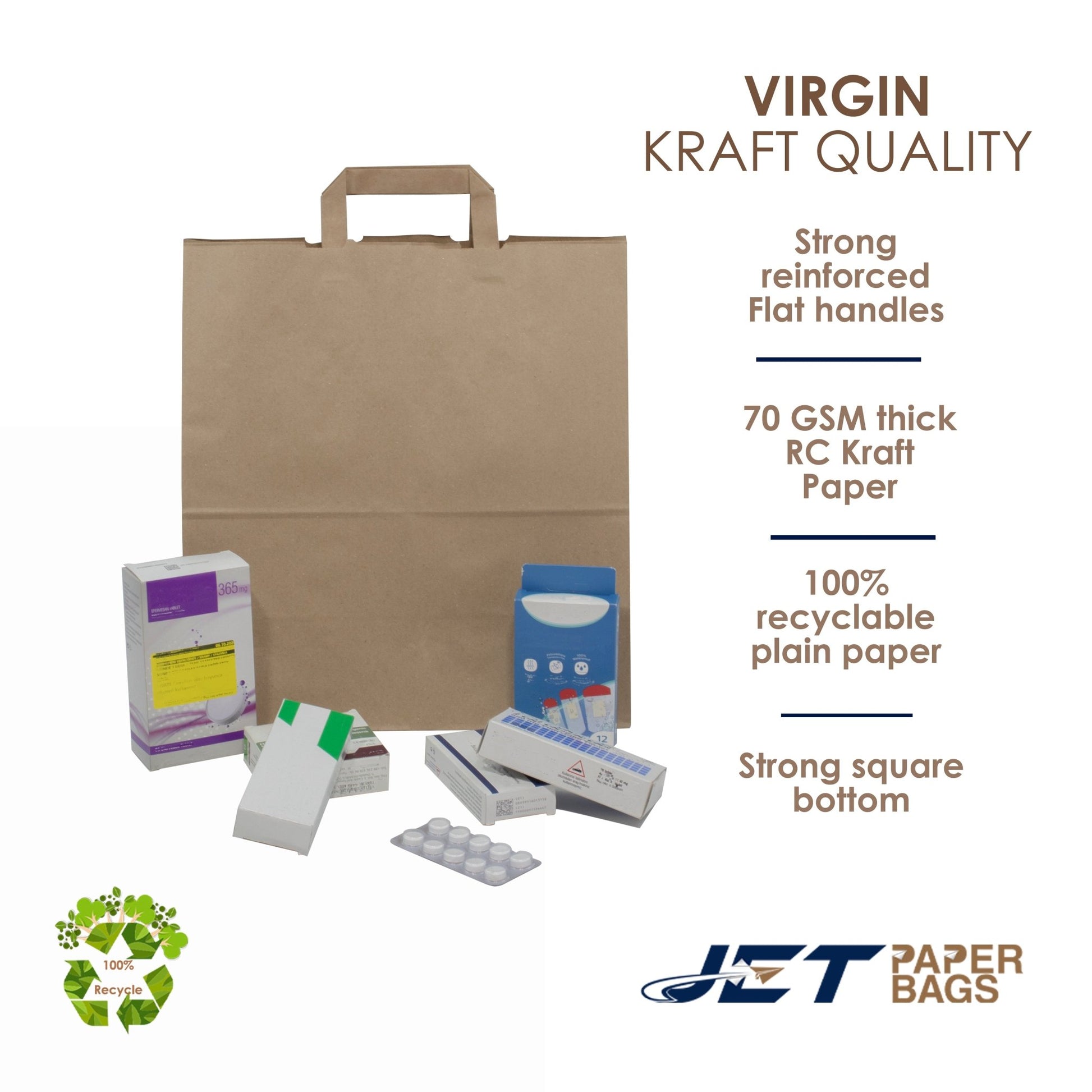 BROWN Paper Bags with Flat Handles - MAX - 13" x 6" x 15"H - Jet Paper Bags