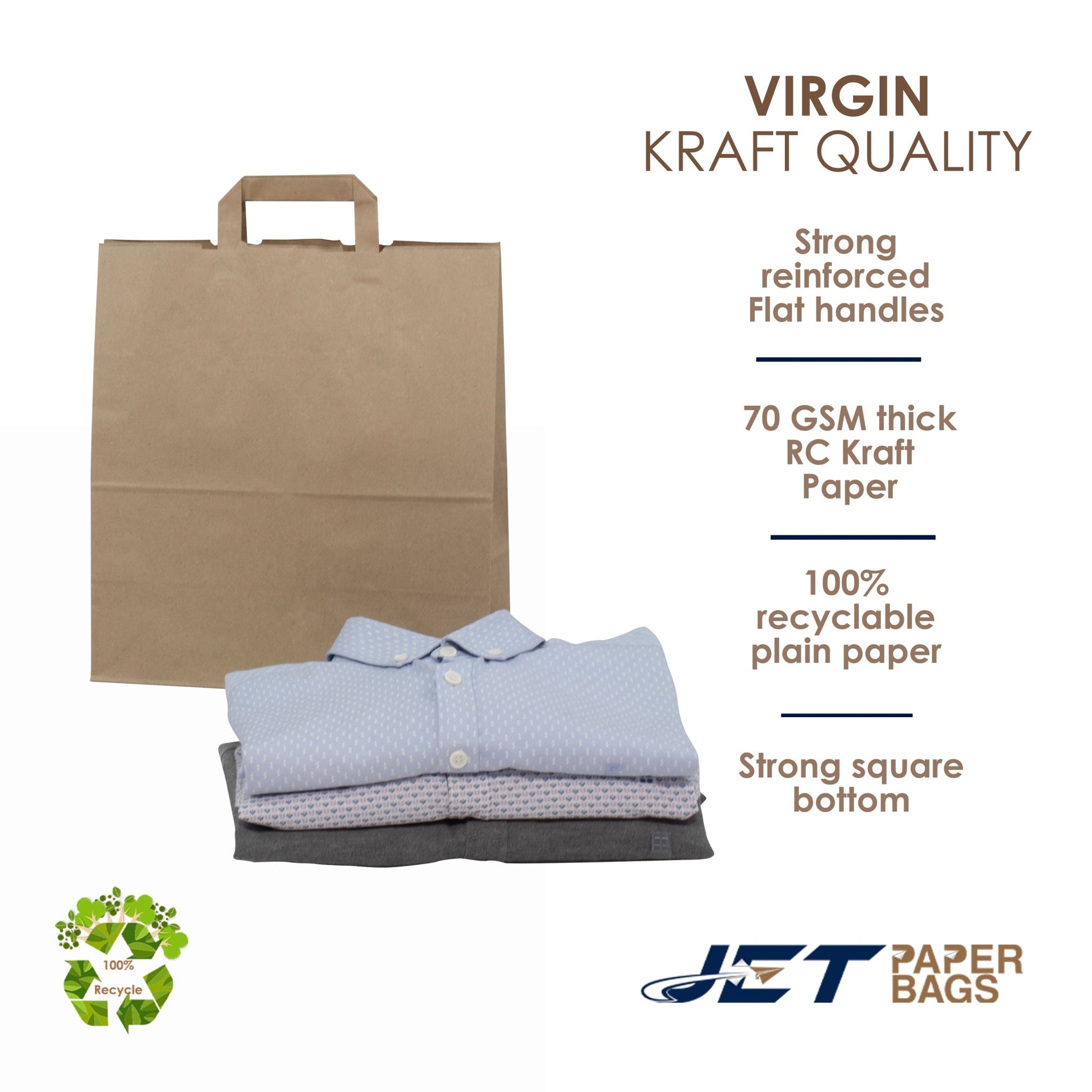 BROWN Paper Bags with Flat Handles - MAX - 13" x 6" x 15"H - Jet Paper Bags