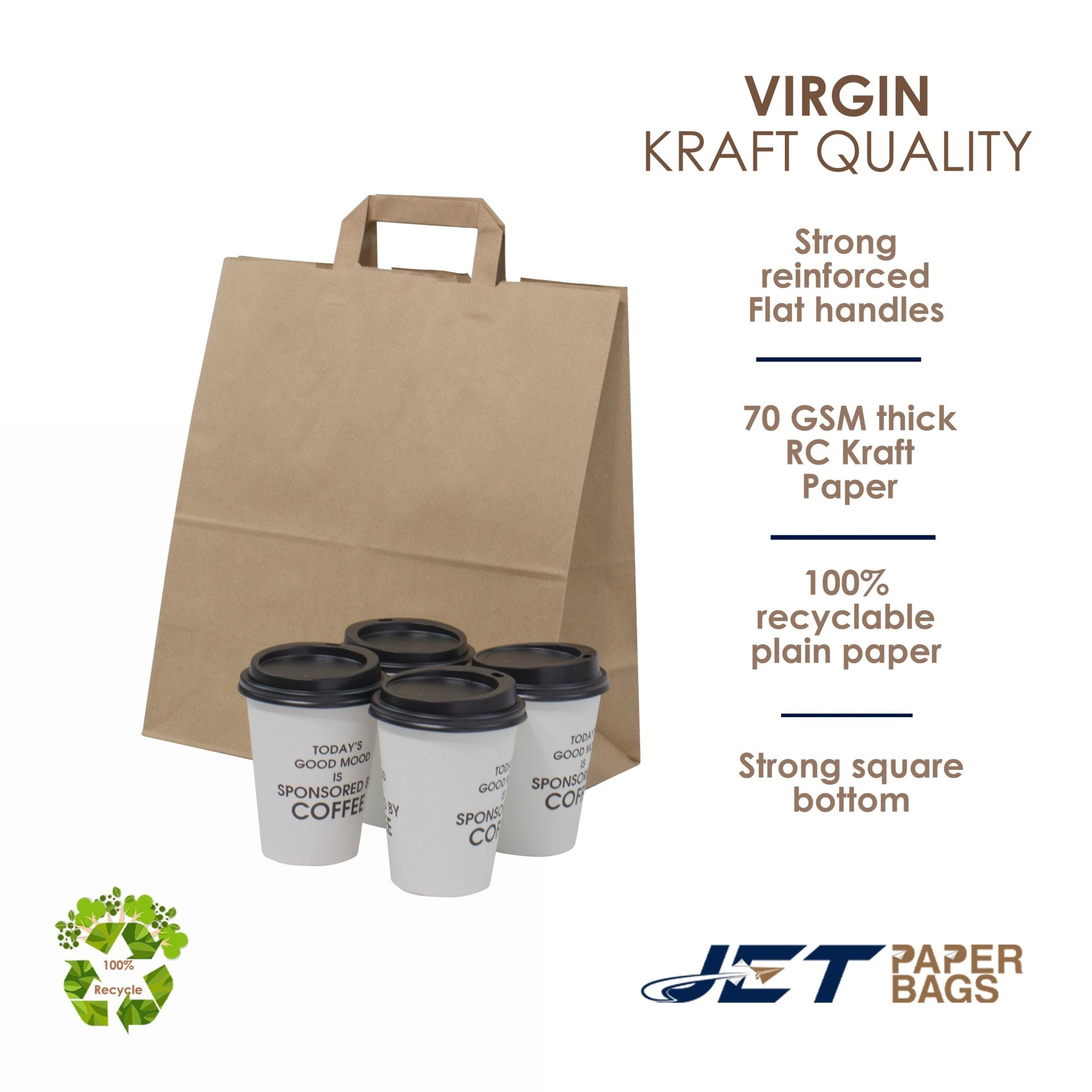 BROWN Paper Bags with Flat Handles - MAX - 13" x 6" x 15"H - Jet Paper Bags