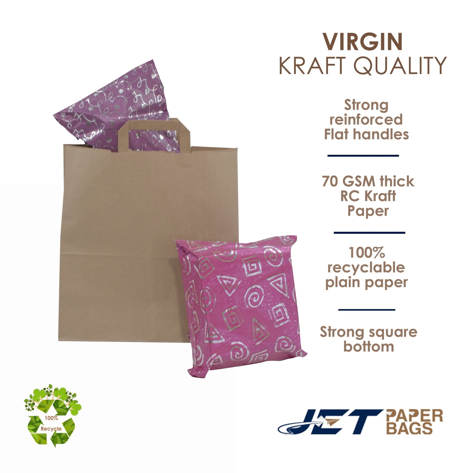 BROWN Paper Bags with Flat Handles - MAX - 13" x 6" x 15"H - Jet Paper Bags