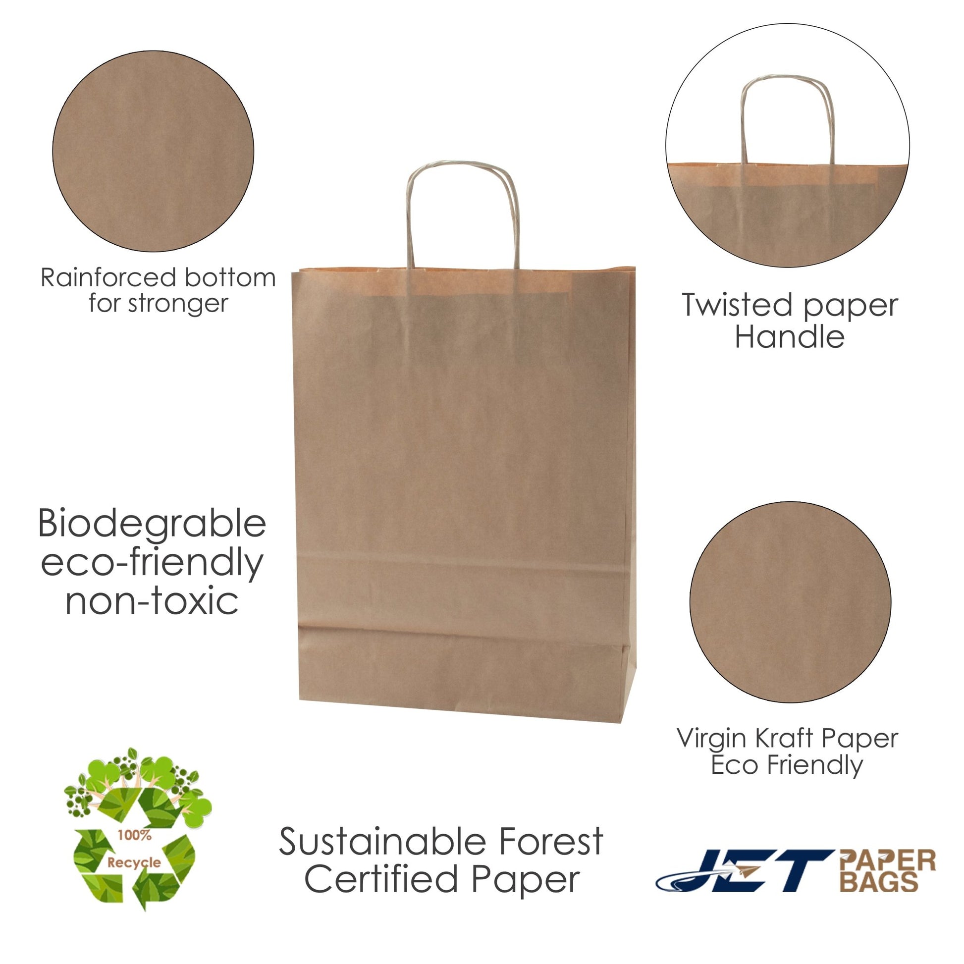 BROWN Paper Bags with twisted Handles - ELLA - 10" x 5" x 13"H - Jet Paper Bags
