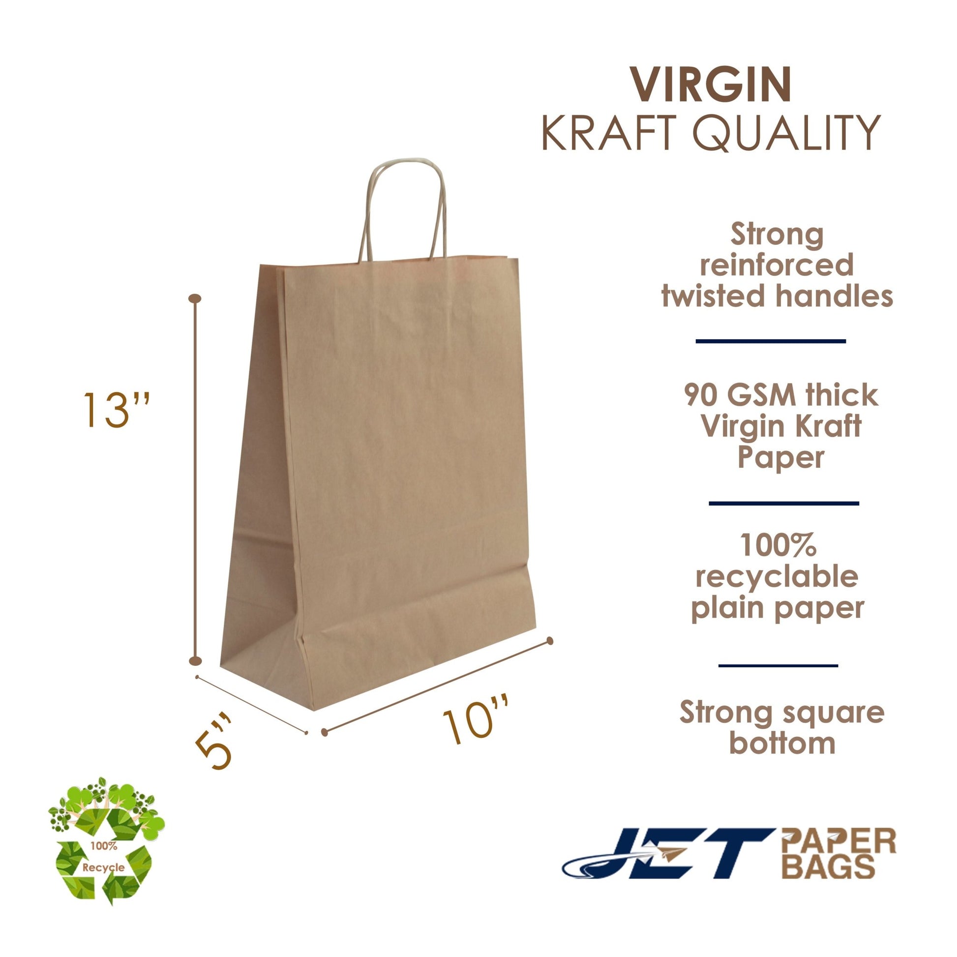 BROWN Paper Bags with twisted Handles - ELLA - 10" x 5" x 13"H - Jet Paper Bags