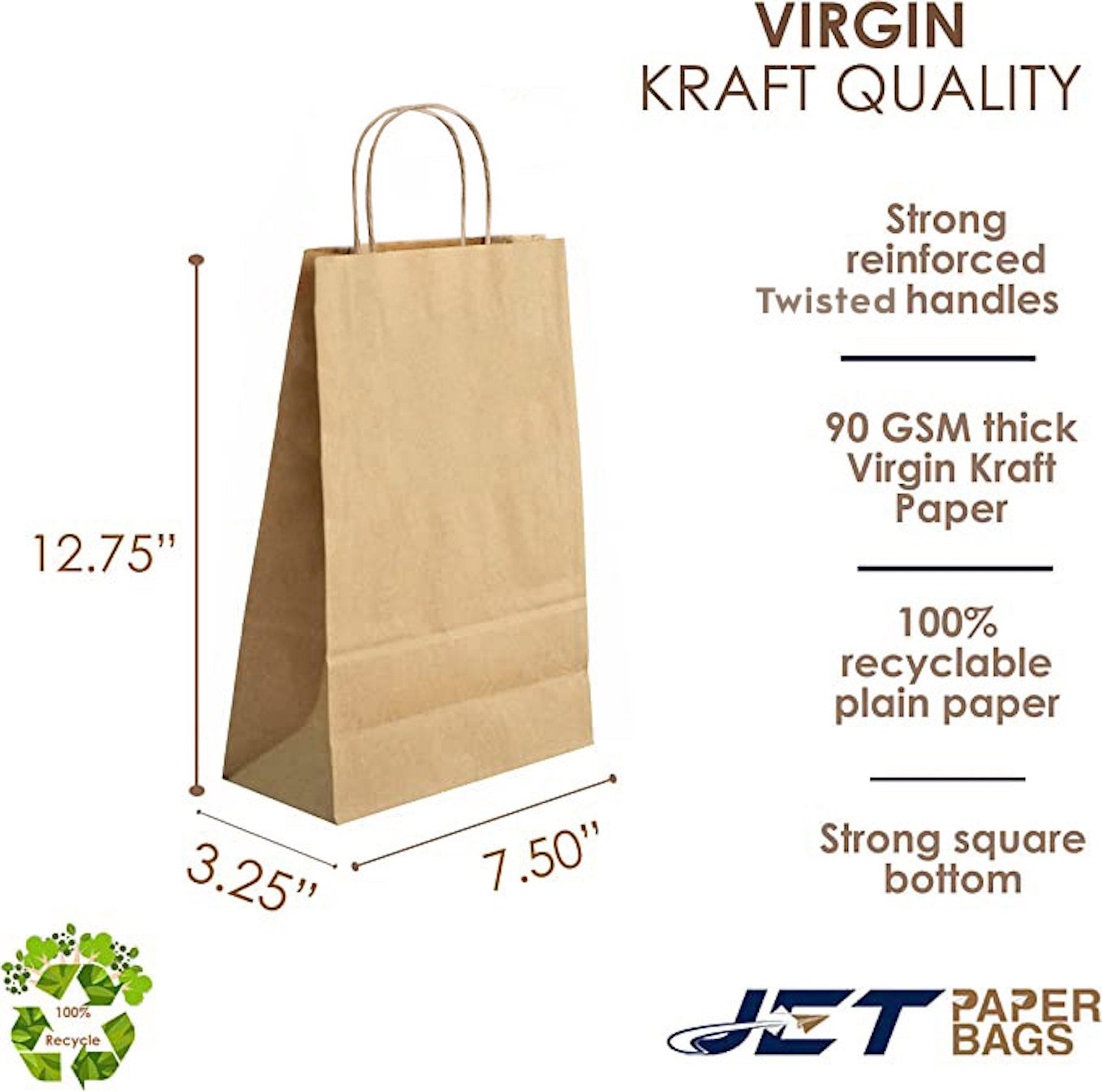 BROWN Paper Bags with Twisted Handles - JADE - 7.50" x 3.25" x 12.75"H - Jet Paper Bags