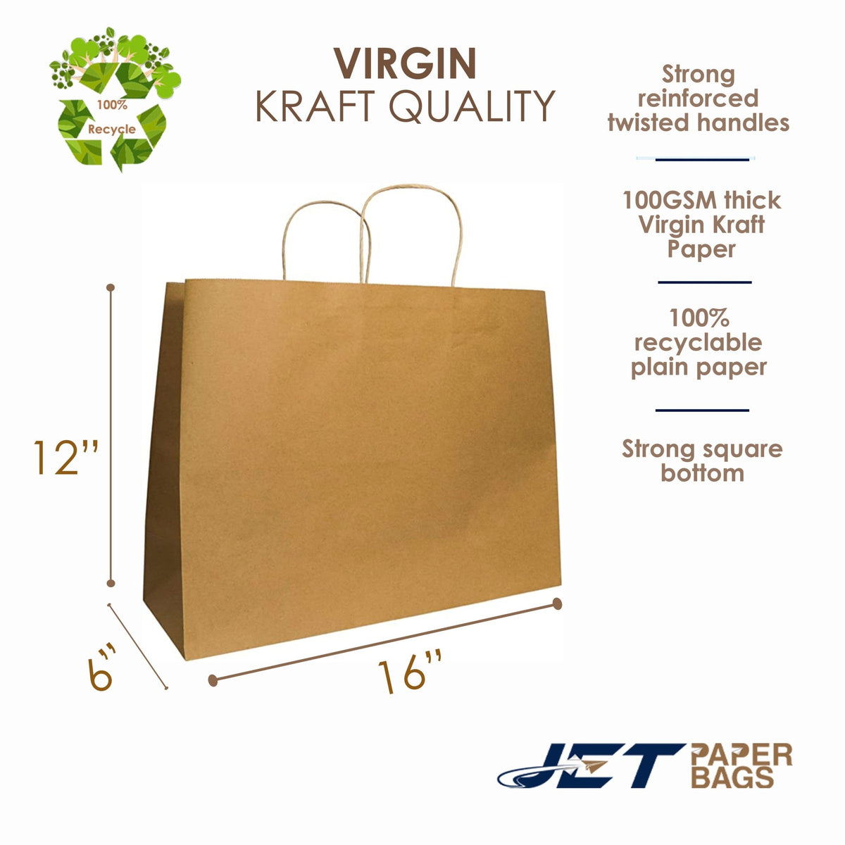 ProLine Natural Kraft Paper Shopping Bags - 100 Pack, 16x6x12, Retail Merchandise Handles