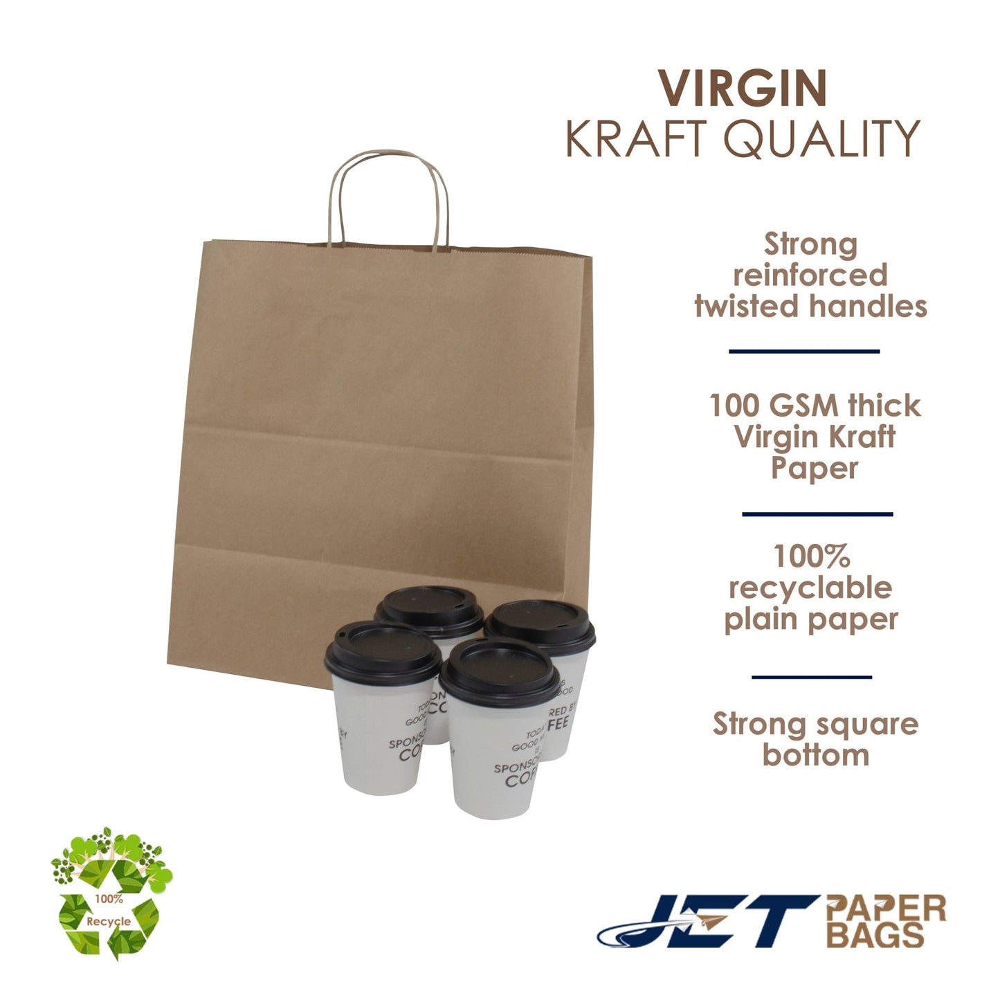BROWN Paper Bags with Twisted Handles - ROSA - 14" x 9" x 16"H - Jet Paper Bags