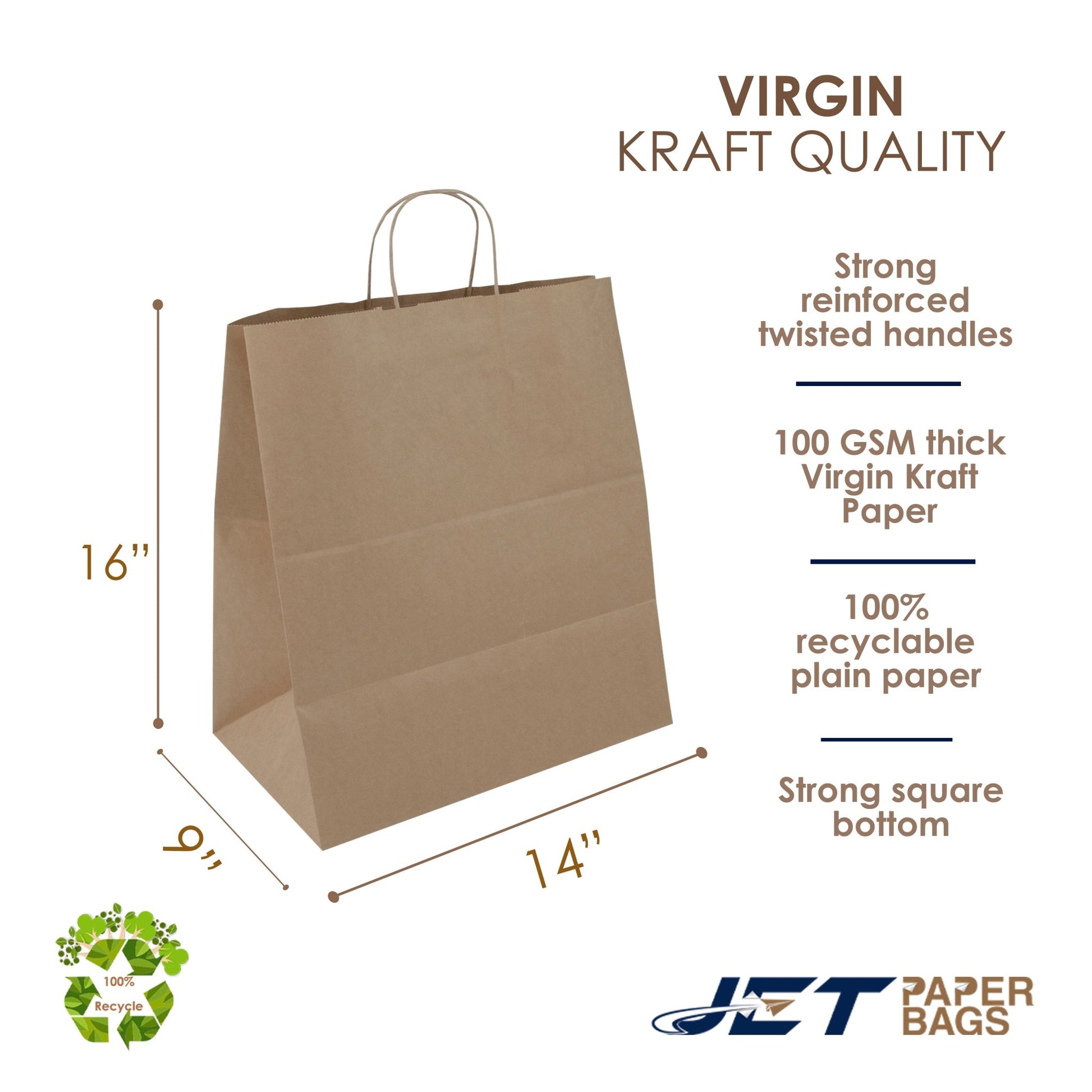 BROWN Paper Bags with Twisted Handles - ROSA - 14" x 9" x 16"H - Jet Paper Bags