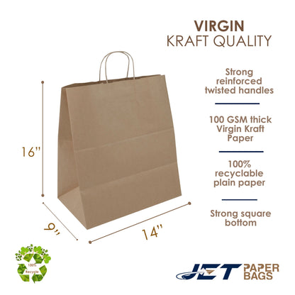 BROWN Paper Bags with Twisted Handles - ROSA - 14" x 9" x 16"H - Jet Paper Bags