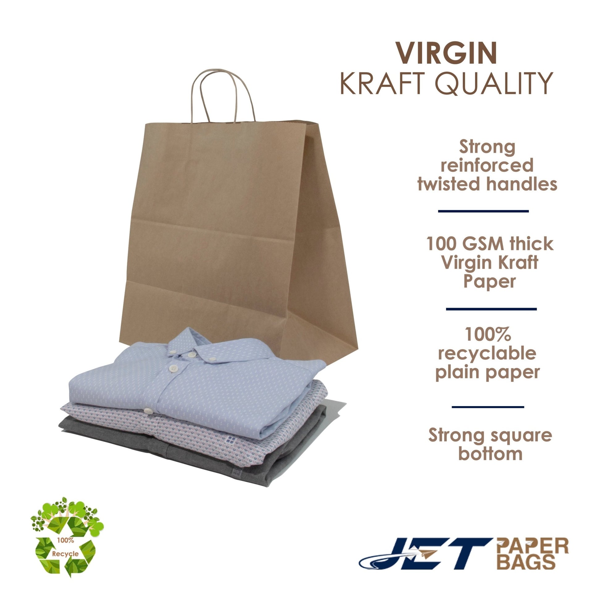 BROWN Paper Bags with Twisted Handles - ROSA - 14" x 9" x 16"H - Jet Paper Bags