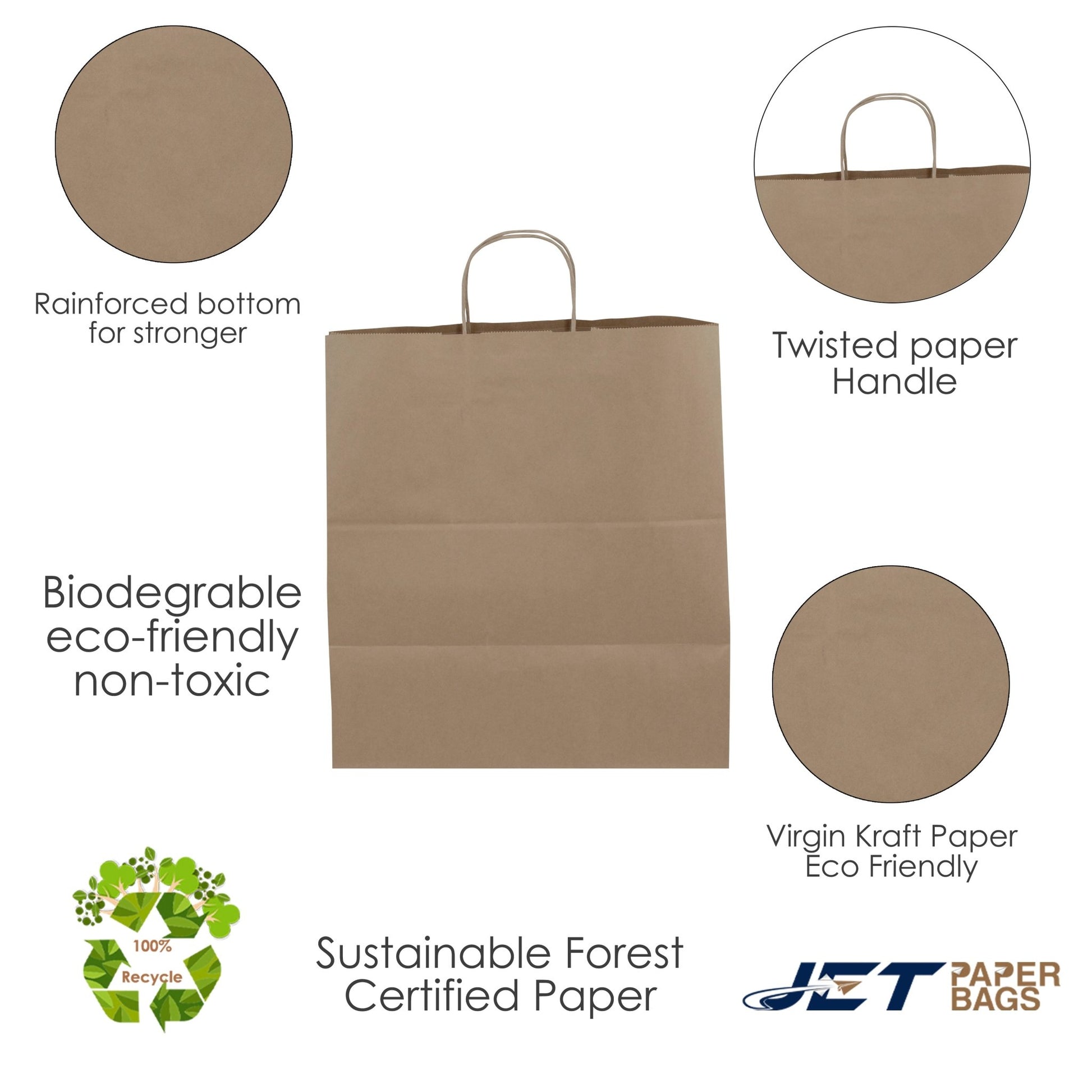 BROWN Paper Bags with Twisted Handles - ROSA - 14" x 9" x 16"H - Jet Paper Bags