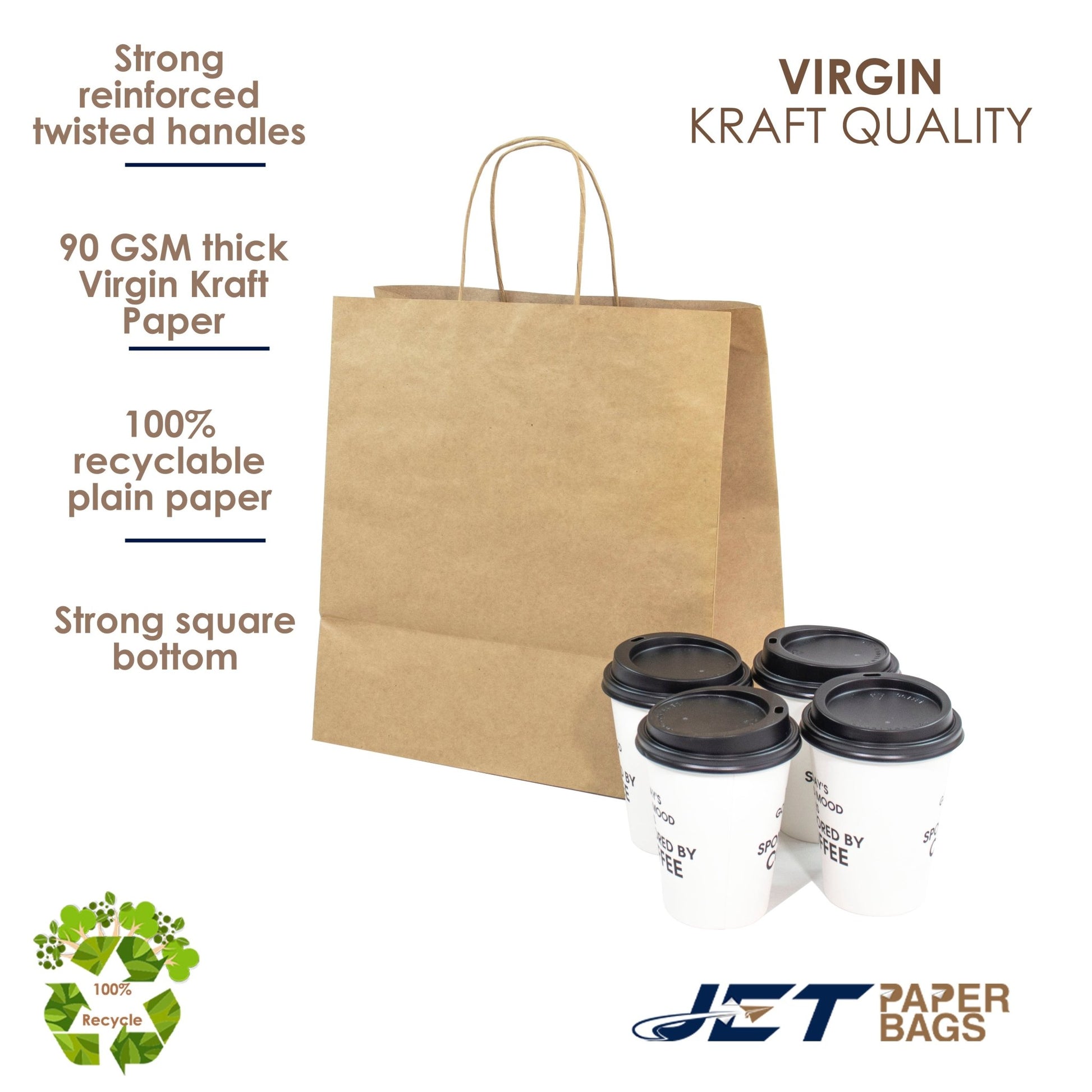 BROWN Paper Bags with Twisted Handles - TARA - 11" x 7" x 12" H - Jet Paper Bags