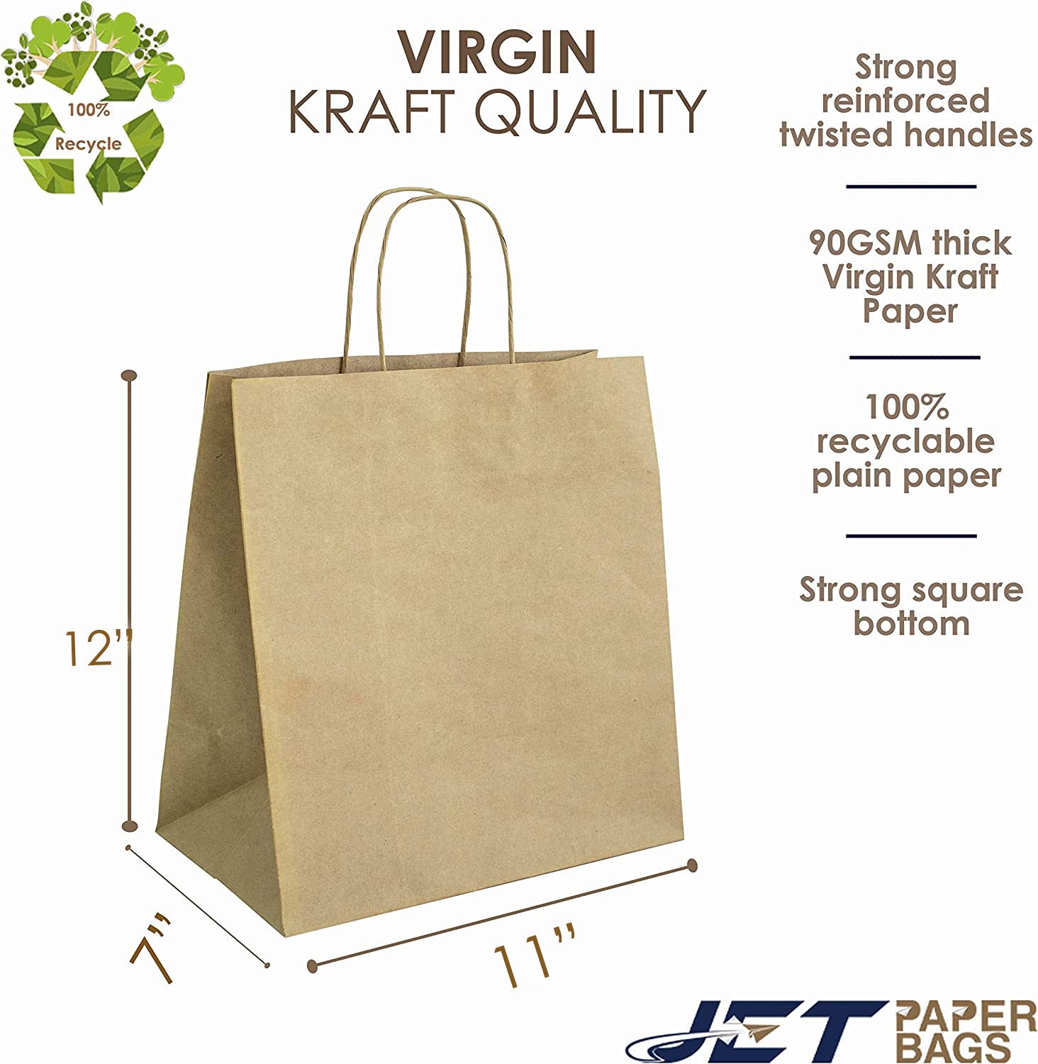 BROWN Paper Bags with Twisted Handles - TARA - 11" x 7" x 12" H - Jet Paper Bags