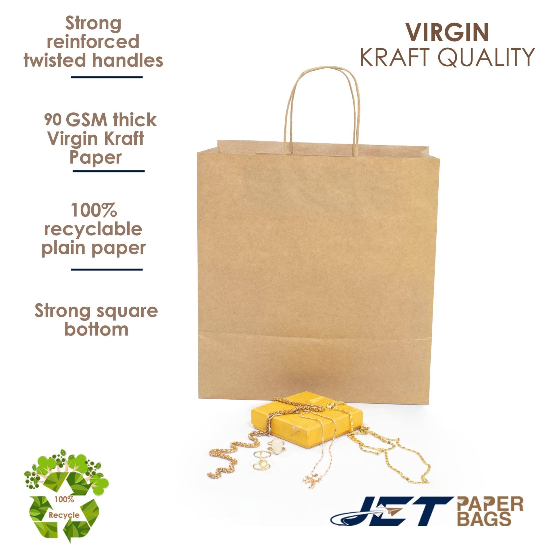BROWN Paper Bags with Twisted Handles - TARA - 11" x 7" x 12" H - Jet Paper Bags