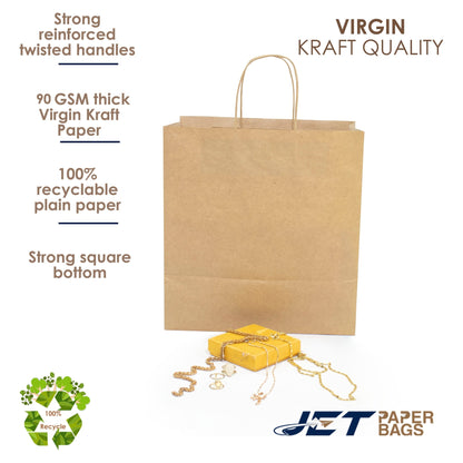 BROWN Paper Bags with Twisted Handles - TARA - 11" x 7" x 12" H - Jet Paper Bags