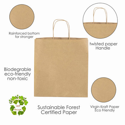 BROWN Paper Bags with Twisted Handles - TARA - 11" x 7" x 12" H - Jet Paper Bags