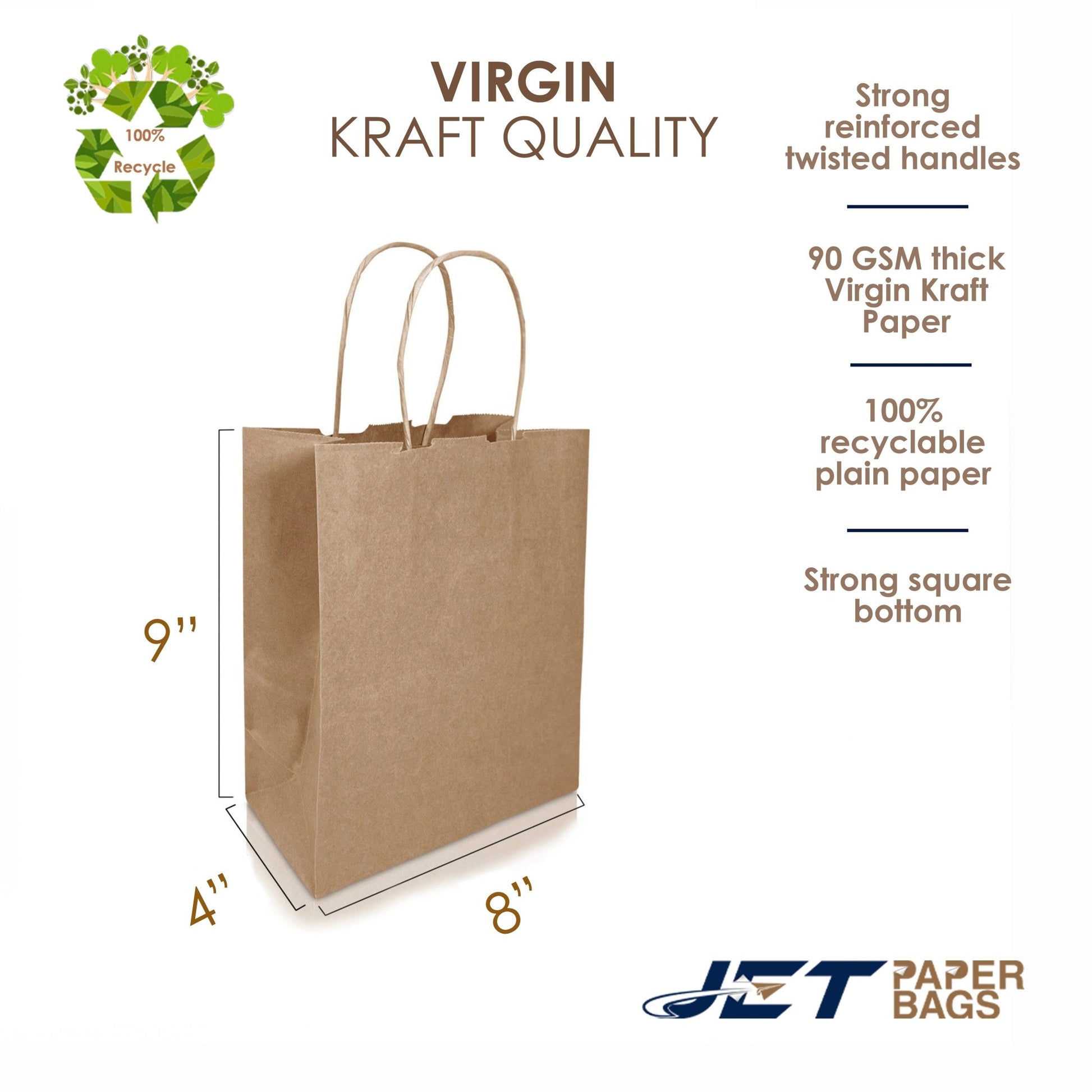 BROWN Small Paper Bags with Twisted Handles - MIMI - 8" x 4" x 9H" - Jet Paper Bags