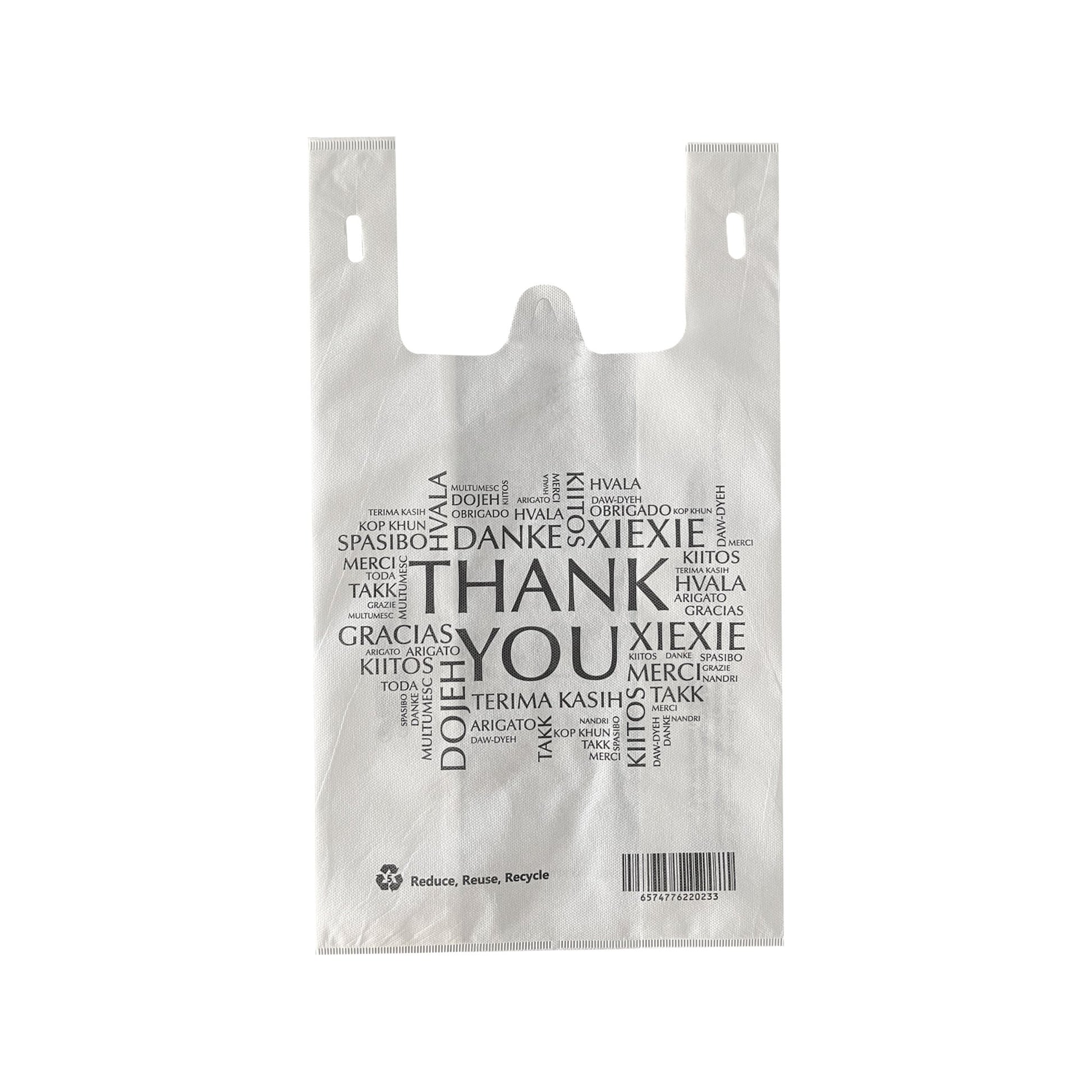 Non - woven Reusable Bags 12.5" x 7.7" x 12.5" Tote Bag, Thank You printed in All Languages, White Bags - Jet Paper Bags